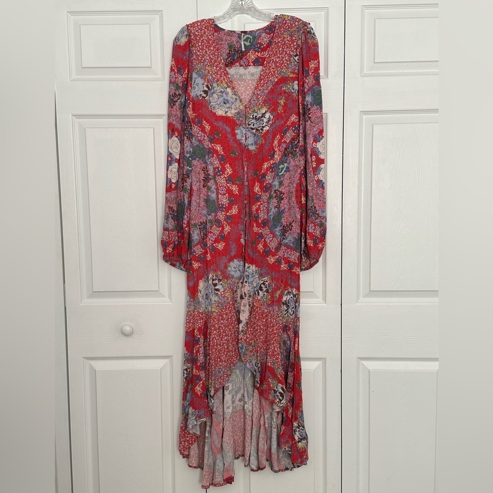 Free People Vibrant Red Floral Long Sleeve Dress - Picture 3 of 8